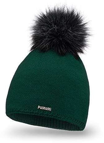 PaMaMi Slouch Beanie für Damen 17504 | warme Strickmütze mit Bommel | gestrickte Bommelmütze | Fellbommel Mütze für Winter | weiche Wintermütze | Farbenauswahl (Flaschengrün)
