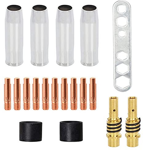 2 x MIG MAG Accessori per Ugelli/Cappucci Cono di Saldatura AK-15 / MB-15 Parti Soggette ad Usura, 10 x Punte di Saldatura M6 da 0,88 mm e 2 x Portaugelli con Molle Fisse (19 Pezzi in Totale)