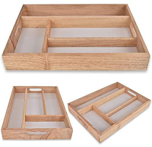 MUSAN Natural Wooden Cutlery Drawer Tray - Hevea Wood Utensils Tools Stationary Holder Rack - Kitchen Accessories Storage - Beech Wood 4 Compartment Insert Tidy Organizer - 32cm x 24cm x 4cm approx
