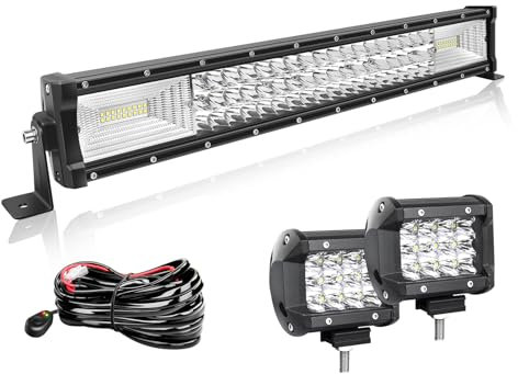 Willpower 22 Zoll 56CM 270W Led Arbeitsscheinwerfer Bar Gebogen + 2pcs 4 Zoll 36W Led Scheinwerfer + Kabelbaum 12V 24V LED Bar für Offroad Auto Traktor Zusatzscheinwerfer Rückfahrscheinwerfer Lightbar