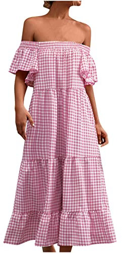 RKaixuni Robe d'été décontractée à carreaux vichy avec épaules dénudées et manches volantées à volants - Robe de fête midi longue, rose vif, M