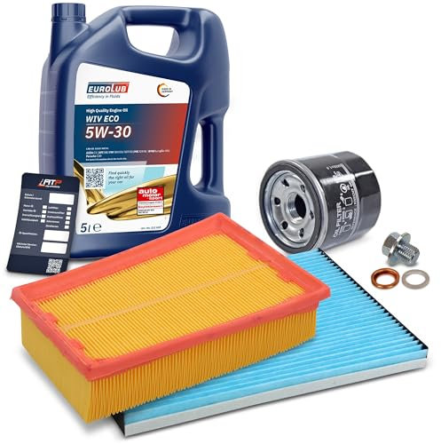 BESTPRICE Inspektionspaket Filterset mit 1x Ölfilter; 1x Luftfilter; 1x Innenraumfilter; 1x Ölablassschraube mit Dichtring; 1x Motoröl 5W-30 EUROLUB 5 l