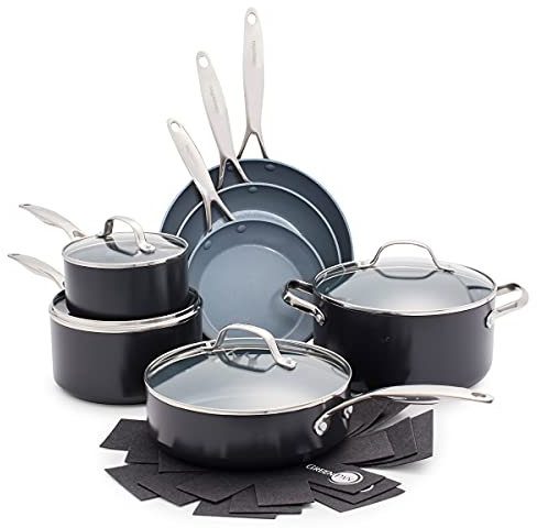 GreenPan Valencia Pro 11 Piece PFAS Free Hard Anodized Ceramic PFAS Free Hard Anodized Ceramic Saucepan Pan Set with Frying Pans, Saute Pans, Induction Dishwasher, Oven Safe, Grey