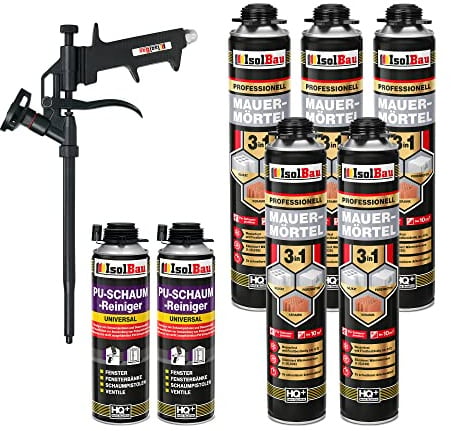 Isolbau Mauermörtel Set: 5x 750 ml PU-Mörtel 2x 500 ml Pistolenreiniger 1x Teflon Schaumpistole, PU-Reiniger, Montageschaum, Pistolenschaum