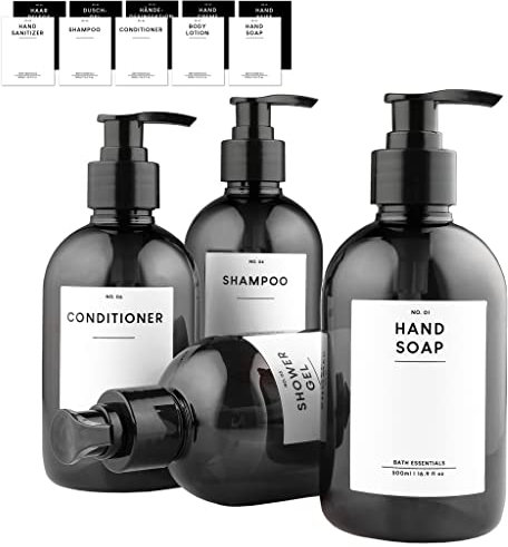 MONOKO 4er Set Seifenspender Kunststoff Schwarz 300ml Flasche - Plastik Shampoo Spender zum Befüllen - Pumpflasche + Aufkleber