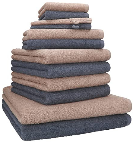 Betz 12 TLG. Handtuch Set Berlin 100% Baumwolle 2 Liegetücher 4 Handtücher 2 Gästetücher 2 Seiflappen 2 Waschhandschuhe Farbe Cappuccino - dunkelgrau