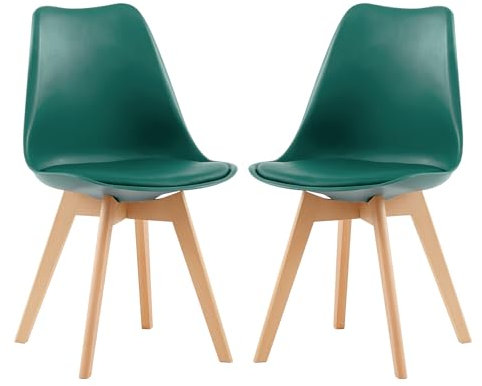 EGGREE 2er Set Esszimmerstühle mit Massivholz Buche Bein SGS Geprüfter, Skandinavisch Design Gepolsterter aus PU-Leder Küchenstuhl Essstühle, Dunkelgrün