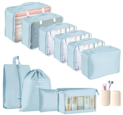 Packing Cubes for Suitcase - GEEDIAR 11 PCS Packing Cubes Travel Luggage Organizers Bag Waterproof Travel Essentials Bag Clothes Shoes Storage Bags(Blue)
