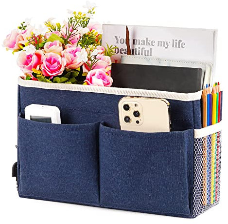 Retyion Bedside Caddy Bedside Storage Organizer Hanging Bunk Bed Dorm Room with Side Pockets for Water Bottles, Books, Cell Phones, Headphones (Dark Blue)