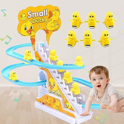 Elektrische Ente Treppensteigen Spielzeug, 6 Stück Achterbahn Musik Ente Set mit LED Blinklichtern, Montessori Baby Spielzeug, Elektrische Badewannenspielzeug, Geburtstag Geschenk für Mädchen Jungen