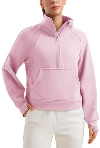CRZ YOGA Damen Fleece Gefüttert Sweatshirt 1/2 Reißverschluss Pullover mit Taschen Winter Rollkragenpullover mit Daumenloch Rosa Pfingstrose 40