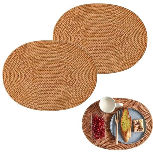 Zicobox Manteles Individuales Ovalados de Ratán Mimbre, Individuales de Mesa, Bajoplatos de Mesa Hechos a Mano, Juego de 2, Resistentes al Calor y Naturales (15.7 x 11.8 pulgadas), Color Marrón Miel