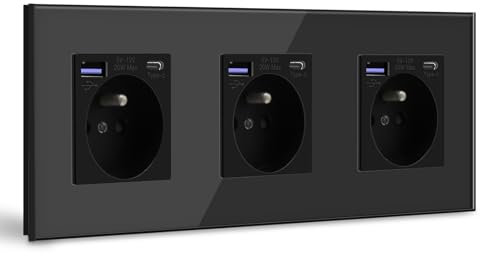 BSEED Triple Prise Murale avec USB C PD20W,Prise de courant à Encastrer,16A Prise de Courant Alternatif avec Panneau en Verre,Chargeur Rapide Multiprises avec 1USB C 20W,Idéal pour Maison,Bureau-Noir
