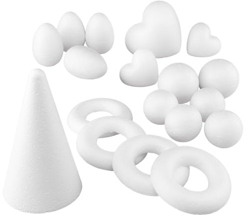 MCE-Commerce A3190118 Styropor Mischformen Ei 4cm 2 x Kugel, 1 x Kegel 4 x Halbring, Weiß, 6cm, 5cm, 9cm, 12cm,7,5cm