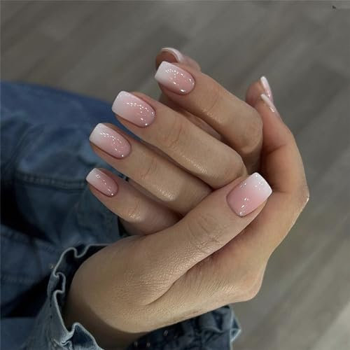 24pcs Short Square False Nails, Pink White Ombre Stick on Nails Press on Nails Removable Glue-on Nails Full Cover Fake Nails Women Girls Nail Art Accessories