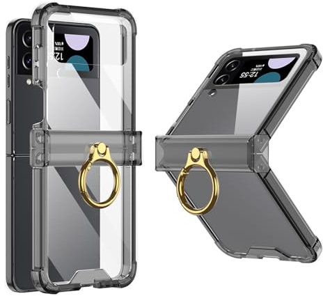 Mipoclea For Samsung Galaxy Z Flip 4, Transparent Case with Hinge Protection and Ring Stand, Slim Crystal Clear Scratch-Resistant Protective Case for Samsung Galaxy Z Flip 4 (Black)
