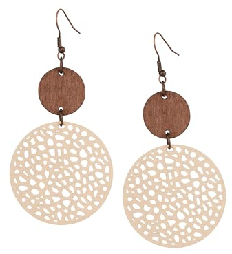 MINACHI Bohemian Natural Wood Cut-Out Disc Dangle Drop Earrings, Boho Chic Hippie Jewelry Gift for Women