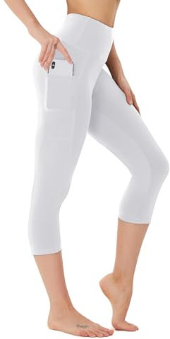 FOTOCITI Leggings Damen mit Tasche Capri Leggins High Waist Caprihose Sommer Blickdicht Sportleggins Sporthose Hose Gym Outdoor Yoga(Weiß,L-XL)
