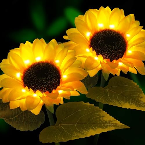 HELESIN Solar Lights Outdoor Garden, 2 Pack Flower Lights for Garden, Solar Sunflower Pathways Light for Patio Lawn Pathway Fence