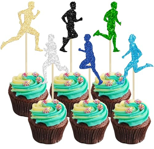 Gyufise 24Pcs Running Cupcake Toppers Glitter Sports Fitness Cupcake Picks for Running Theme Boys Girls Birthday Party Cake Decorations Supplies Dark Multicolor