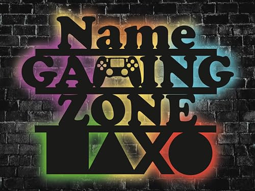 WALUNA® Gaming Zone Geschenk für Gamer Led Geburtstagsgeschenk Deko Zubehör für Gaming Zimmer - RGB Gaming USB personalisiert mit Name Deko in 12 Holzfarben