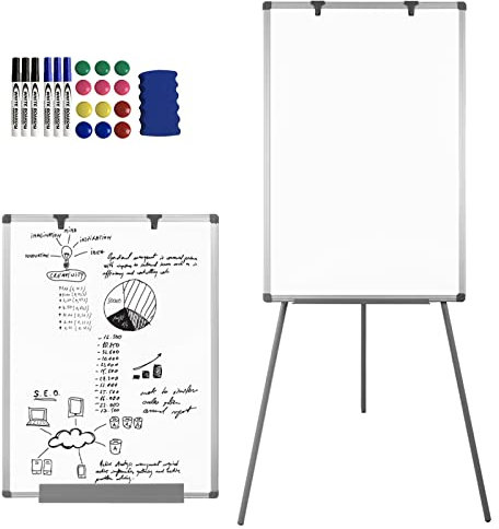 UISEBRT Flipchart mit Ständer Magnetisches Whiteboard Abwischbar Weiße Magnettafel Präsentationstafel, Höhenverstellbar Staffelei, Papierhalter, 60 x 90 cm, Dreibein Ständer