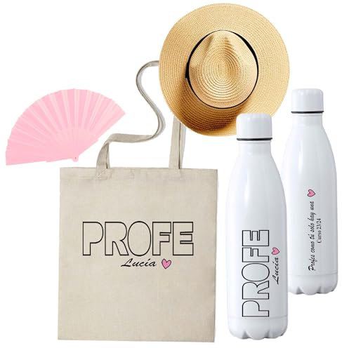 Pack profesora, bolsa de tela personalizada + botella termica personalizada + sombrero + abanico, pack regalo profesora, regalo original profesora fin de curso