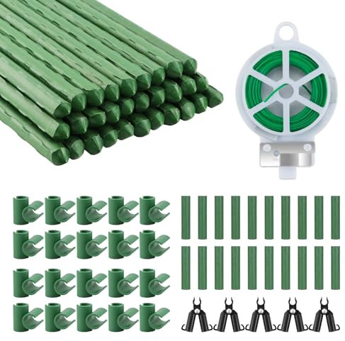 30Pcs Plant Stakes, 40cm Garden Stake Plant Support Stick Kit for Climbing Plants, Plastic Coated Steel Green Stakes Garden Canes with 45Pcs Plant Trellis Connector Clips and 30m Plant Ties