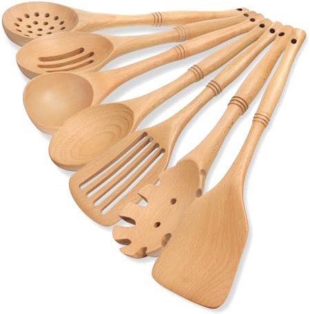 comfoyar Juego de Utensilios de Cocina, 7 Piezas Cucharas de Madera para Cocinar Con Spatula y Ladle, Resistencia al Calor Adecuado para Ollas no Pegajosas-Haya