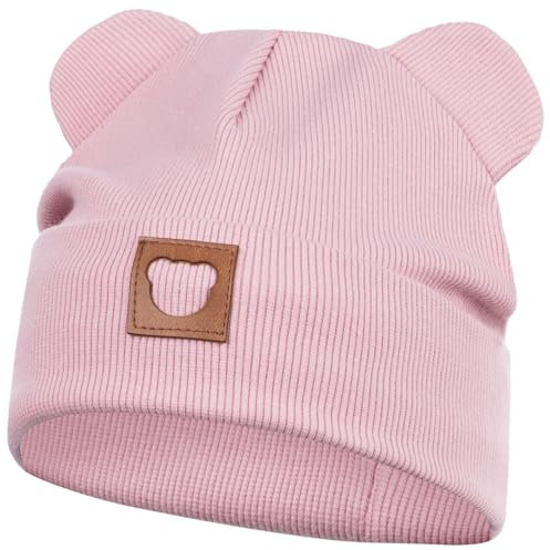 Smarilla Mütze Übergangsmütze Junge Mädchen Herbstmütze Frühlingsmütze Beanie Ohren gerippt, Größe: 50-52, Farbe: Altrosa