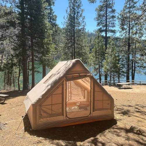 Aufblasbare Campingzelte mit Handpumpe, Luft-Glamping-Zelte, einfacher Aufbau, wasserdichtes und winddichtes aufblasbares Zelt, 4 Jahreszeiten, Oxford-Kabinenzelt mit Netz- und Kaminfenster. (3 x 2,1