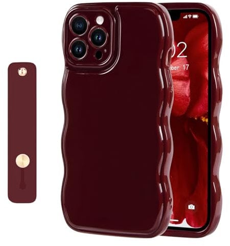 NITITOP Compatible with iPhone 15 Pro Case Cute Burgundy Simple Wave Design Stylish Wavy Curly Frame with Wrist Adjustable Hand Strap Kickstand Grip Holder Protective Cover-Wine Red