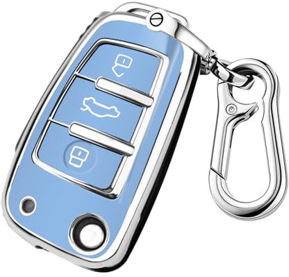 FT FUNTOR für Audi Schlüssel Hülle,Passen für A1 A3 A4 A6 A8 Quattro Q2 Q3 Q7 R8 RS3 RS6 S3 S6 TT TTS mit Silbernem Rand,3 Tasten TPU mit Schlüsselanhänger für Audi A3 Schlüsselhülle (B-Blau)
