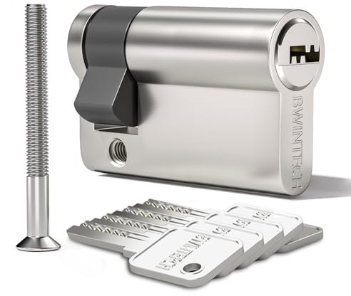 Bwintech 1 pièce 10/40mm Sandnickel Euro cylindre en laiton, 50mm clé/serrure à cylindre à clé Avec 5 clés horizontales en laiton,Anti Picking,Anti Bohr,Anti Snap,Anti Bumping,Finition chromée