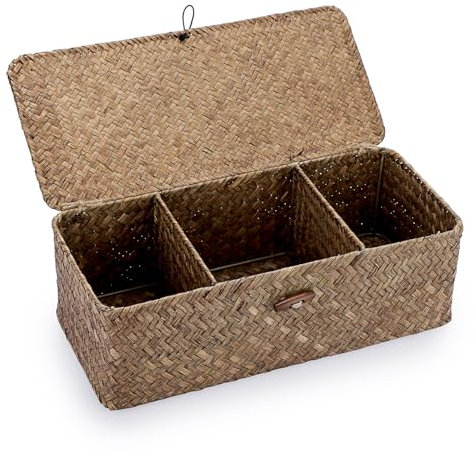 SUMNACON Seegras Aufbewahrungsbox mit Deckel Natürliches Seegrakorb 3 Fächern Gewebter Rattanbox Multifunktional Regalkorb Rechteckig Geflochtener korb im Wohn Teetisch Schlaf Bade Café Hotel Kaffee