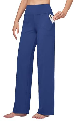 WILLIT Yogahose Damen Weite Bein Hose Stretch Sporthose Jogginghose High Waist Bauchkontrolle Freizeithose Arbeit lässige Hose mit Taschen 30“ Dunkelblau M