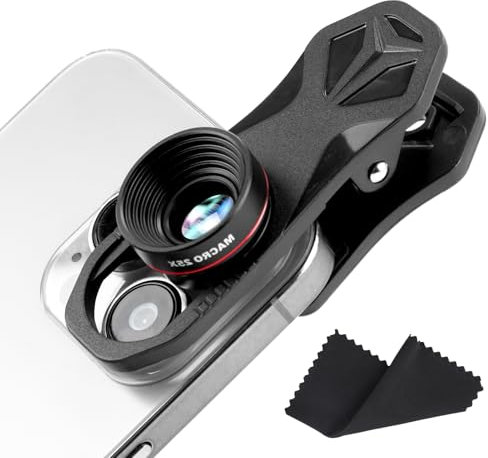 Universal Kamera-Objektiv Set, Inklusive 25x Makroobjektiv, Objektivclip und Reinigungstuch, Clip-On Objektiv für Detaillierte Nahaufnahmen und Weite Landschaften, Makro Linse Handy für Smartphones