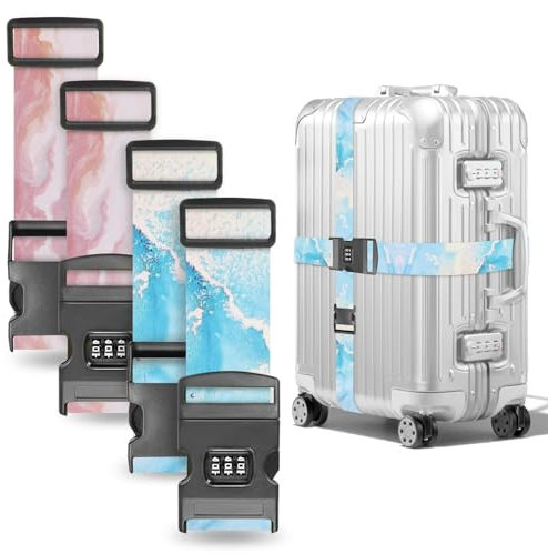 Koffergurte 4 stück,kofferband auffällig,koffergurt mit zahlenschloss,einstellbar kofferband Gurt,koffergurt kreuzgurt,Luggage Strap,Für 28-Zoll-Koffer (Blue+Pink, Für 28-Zoll-Koffer)