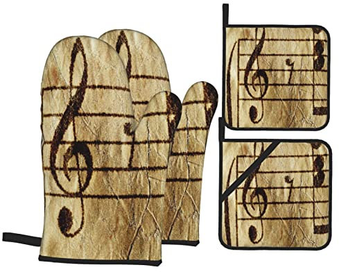 Ofenhandschuhe Topflappen 4Er Set Klavier Antike Notenblätter Abstrakte Vintage Gitarrenpartitur Alte Studie Korrektur Topflappen Pad Wasserfeste Backhandschuhe, Für Mikrowelle, Cafe, Küche