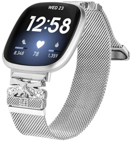 Gimuk Armbänder kompatibel mit Fitbit Versa 4/Sense 2 Armband für Damen und Herren, verstellbares Metall Edelstahl Mesh Loop Bling Armband Ersatzband für Fitbit Versa 4/Versa 3/Sense (Silber)