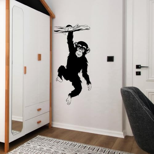 Sticker Mural Singe Grande Branche Suspendue 67x44cm Dos Adhésif Amovible Noir