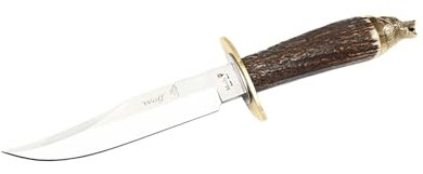 LO TRINCO YO Muela Cuchillo WOLF-16A hoja de acero MoVa de 16 cm y empuñadura de asta de ciervo para Caza, Pesca, Supervivencia y Bushcraft.