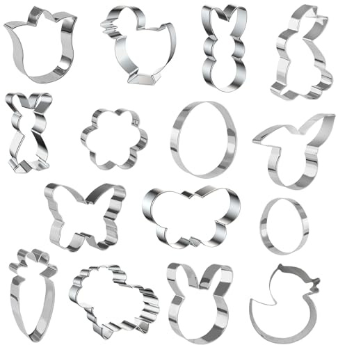 Wesoke 15 Pcs Easter Cookie Cutter, Stainless Steel Metal Biscuit Cutters Mould Set with Bunny, Carrot, Flower, Sheep, Butterfly, Chick, Easter Egg for DIY Baking Pastry Cake Chocolate Cookie