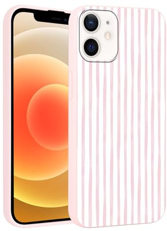 Yirlbey Coque pour iPhone 12 Pro / 12 6,1'', Housse Rose Silicone avec Rose et Blanc Stripes Striped Aesthetic Dessin Motif Design, Étui pour Fille Ultra Fine TPU Souple Antichoc Case, Rayures