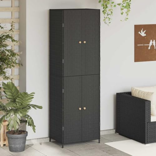 WRJENFSC Armadio da giardino nero, 59 x 40 x 180 cm, in rattan sintetico, con manici in legno di acacia, design stabile, per terrazza, giardino e balcone