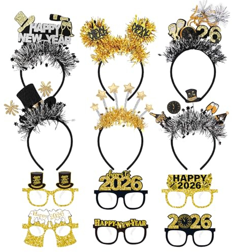 MorLuks 12 Stück Silvester Deko 2026, Silvester Brille Silvester Haarreif 2026, Happy New Year Deko Kopfbedeckung, Silvester Foto Requisiten Zubehör