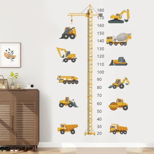 Messlatte Kinder Wandtattoo 20-200 cm Höhe Diagramm | Selbstklebend, Wandaufkleber mit Skala, Baustellenfahrzeuge Design, Für Kinderzimmer und Babyzimmer