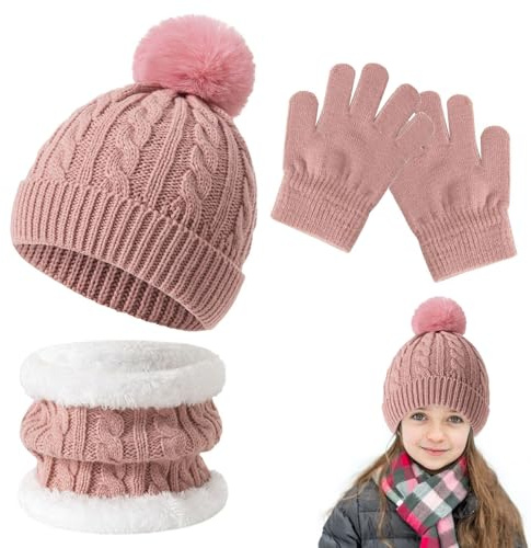 Kids Winter Beanie Hat Scarf Gloves Set, Fleece Lined Thermal Set(Pink)