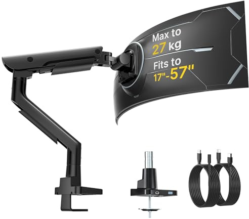 monTEK Monitor Arm with USB 3.0 A/C for 17–57” Screen up to 27KG, Black | Heavy Duty Aluminum Single Monitor Mount for Ultrawide Screen, Adjustable Gas Spring Arm, Clamp/Grommet Mount, VESA 75/100