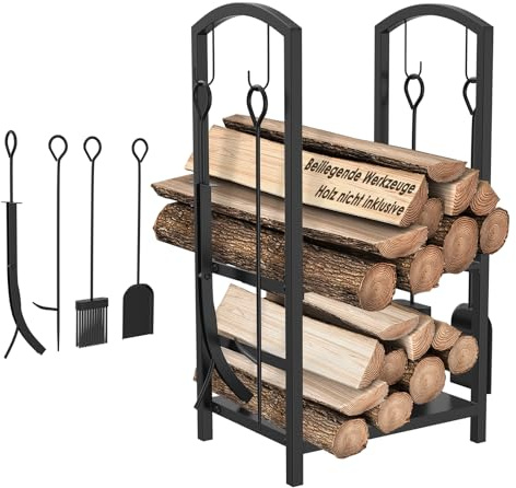 Suusolny Kaminholzregal Mit 4 tlg Kaminbesteck,2 Ebenen Wetterfeste Holzlager,Stapelhilfe Kaminholzständer für Wohnzimmer,Hausflur,Terrasse